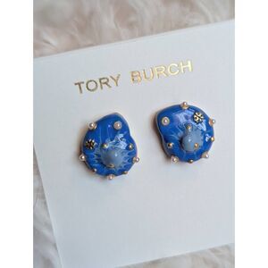 TORY BURCH Enamel Blue Sea Shell Pearl and Mini Logo Stud Earrings